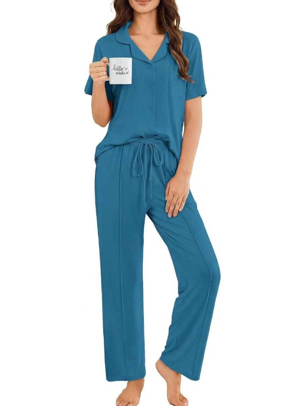 Women Blue Green Button Up Short Sleeve Shirt Sleepwear Pajamas Set